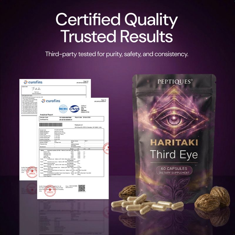 Eurofins certificate beside a Peptiques Haritaki pouch
