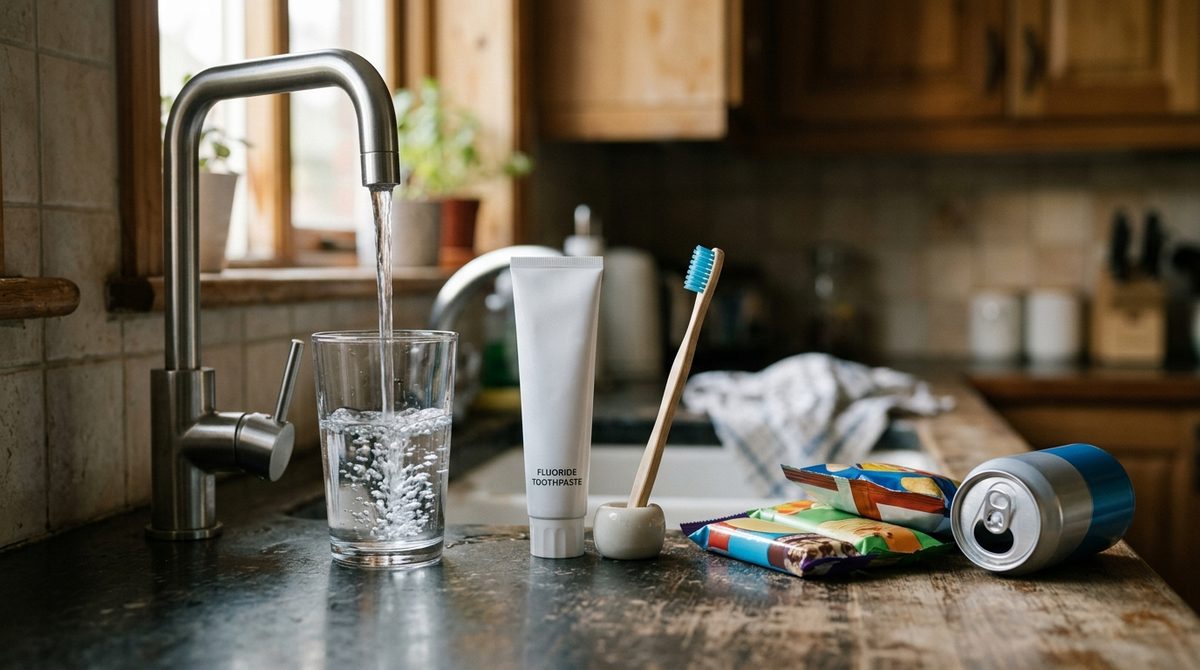 Running tap, fluoride toothpaste and processed food