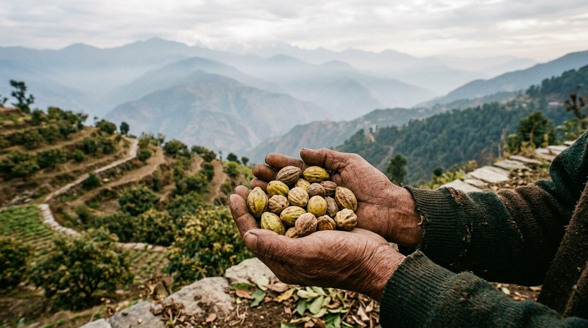 Weathered hands holding Haritaki fruit over Himalayan terraces