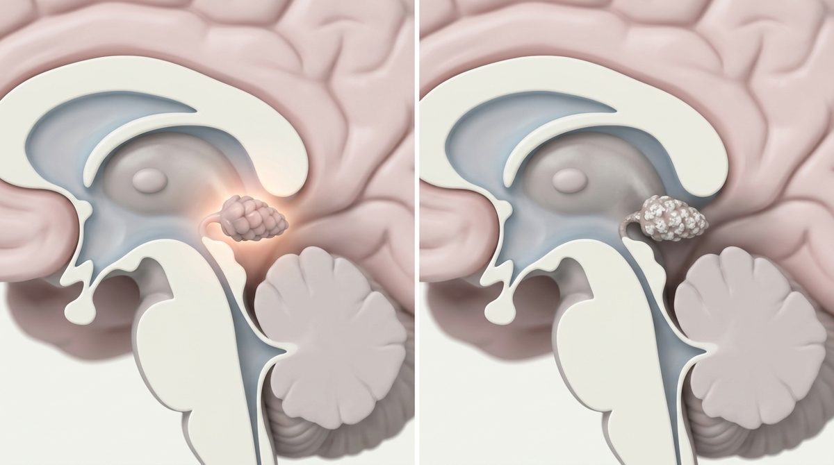 Healthy glowing pineal gland compared with a calcified gland